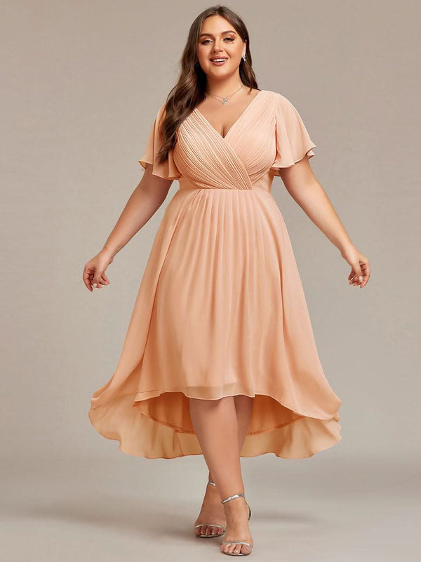 ever FAYE|Pleated Asymmetrical Hem Ruffles Sleeve Chiffon Bridesmaid Dress