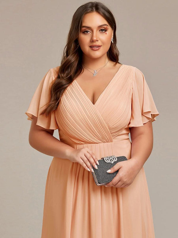 ever FAYE|Pleated Asymmetrical Hem Ruffles Sleeve Chiffon Bridesmaid Dress
