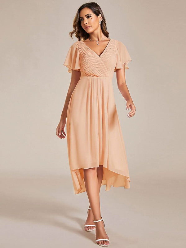 ever FAYE|Pleated Asymmetrical Hem Ruffles Sleeve Chiffon Bridesmaid Dress