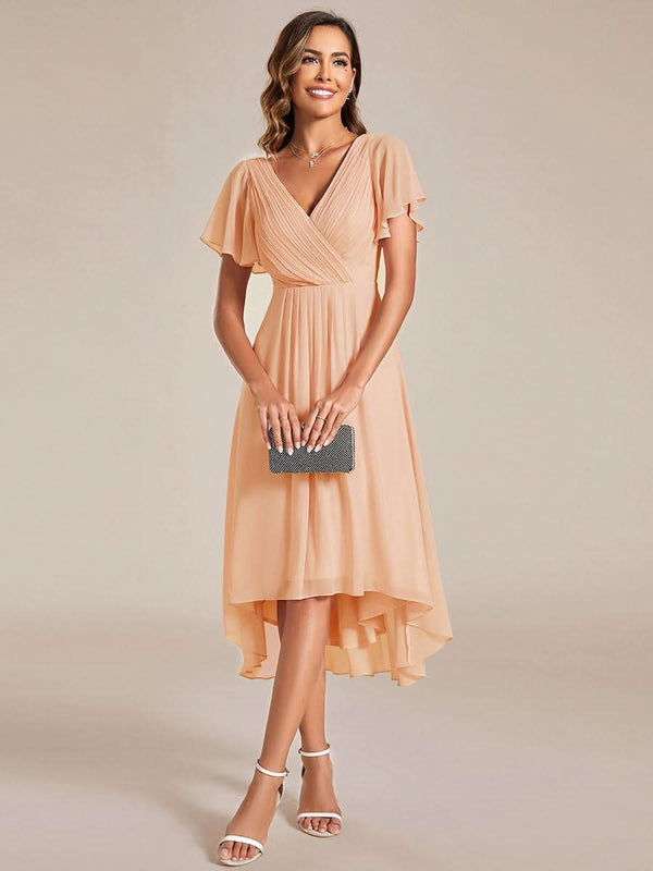 ever FAYE|Pleated Asymmetrical Hem Ruffles Sleeve Chiffon Bridesmaid Dress