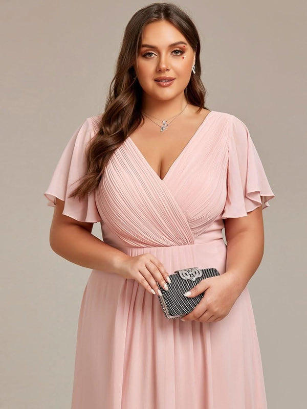 ever FAYE|Pleated Asymmetrical Hem Ruffles Sleeve Chiffon Bridesmaid Dress