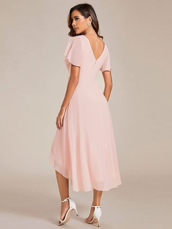 ever FAYE|Pleated Asymmetrical Hem Ruffles Sleeve Chiffon Bridesmaid Dress