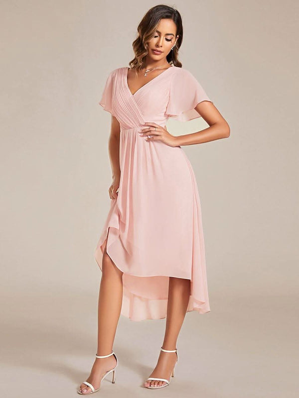 ever FAYE|Pleated Asymmetrical Hem Ruffles Sleeve Chiffon Bridesmaid Dress
