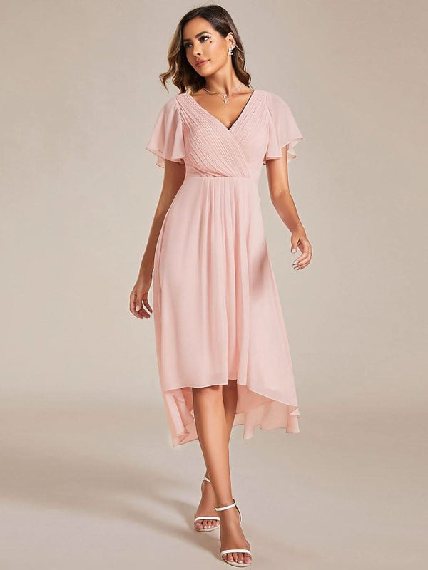 ever FAYE|Pleated Asymmetrical Hem Ruffles Sleeve Chiffon Bridesmaid Dress