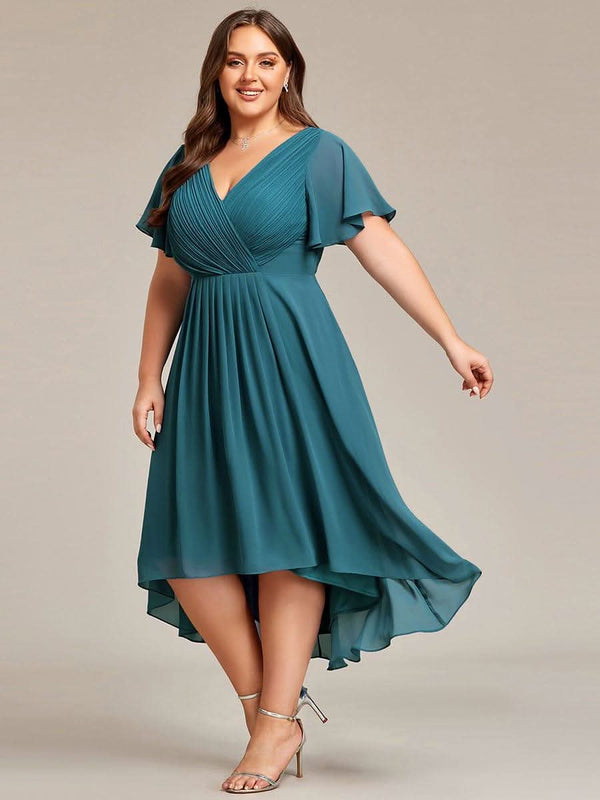 ever FAYE|Pleated Asymmetrical Hem Ruffles Sleeve Chiffon Bridesmaid Dress