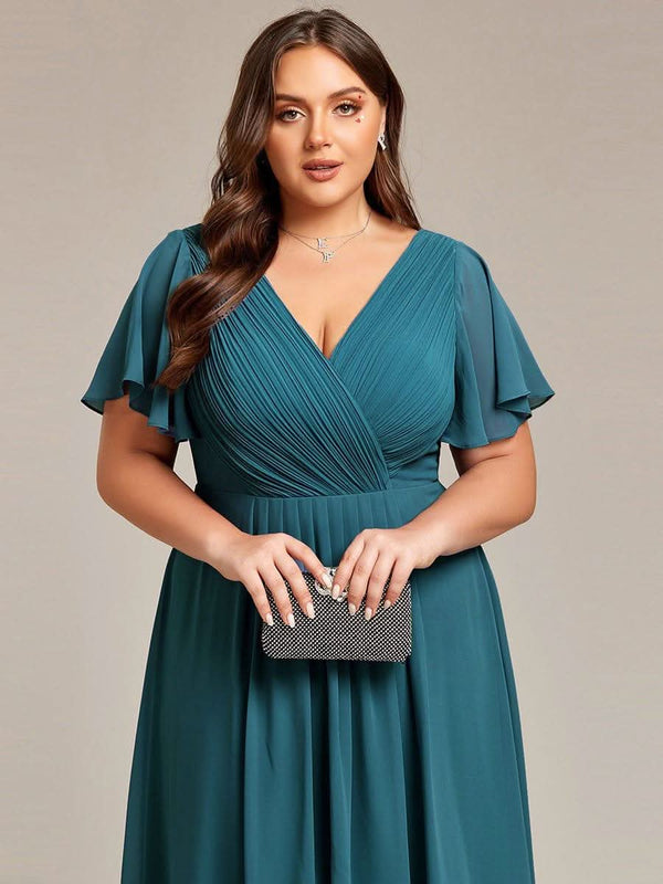 ever FAYE|Pleated Asymmetrical Hem Ruffles Sleeve Chiffon Bridesmaid Dress