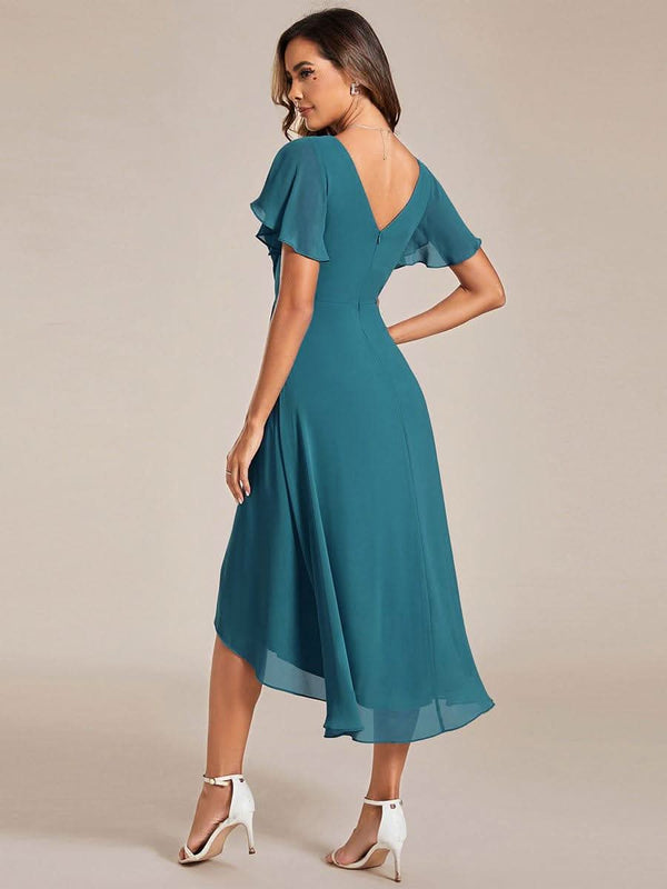 ever FAYE|Pleated Asymmetrical Hem Ruffles Sleeve Chiffon Bridesmaid Dress
