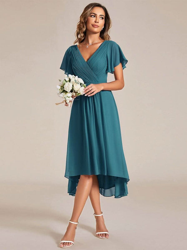 ever FAYE|Pleated Asymmetrical Hem Ruffles Sleeve Chiffon Bridesmaid Dress
