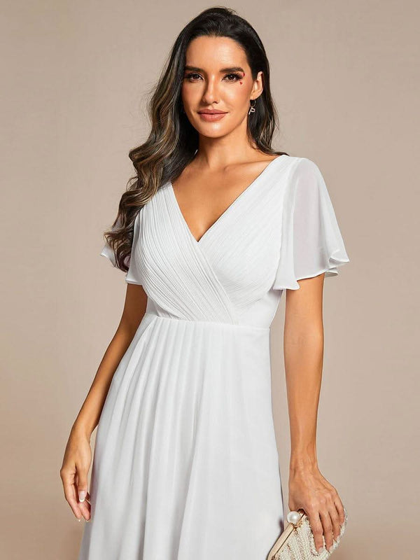 ever FAYE|Pleated Asymmetrical Hem Ruffles Sleeve Chiffon Bridesmaid Dress