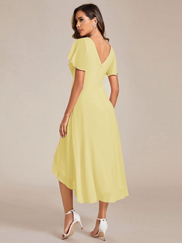 ever FAYE|Chic V Neck High-Low Short Sleeve Wedding Guest Dress