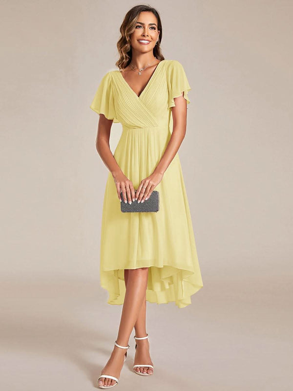 ever FAYE|Chic V Neck High-Low Short Sleeve Wedding Guest Dress