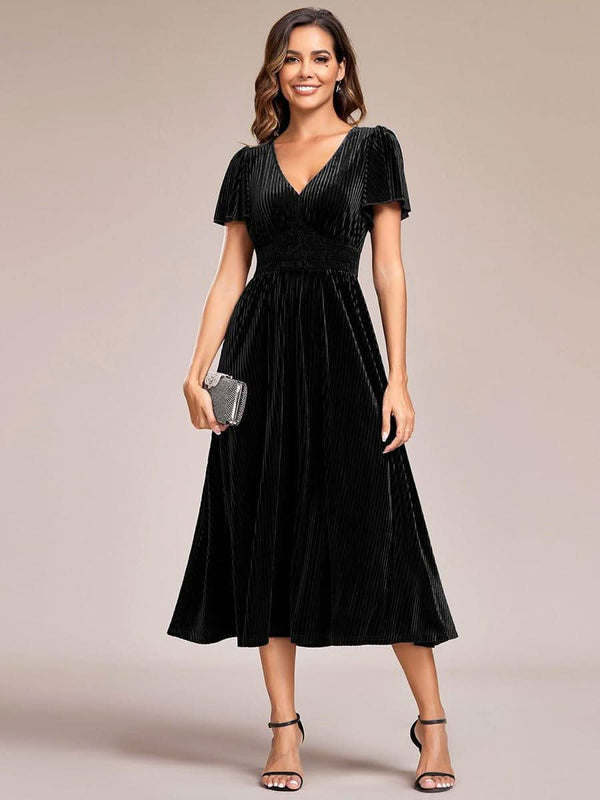 ever AZALEA|Graceful V-Neck Waist Design Short Sleeves Fall Velvet Midi Bridesmaid Dress