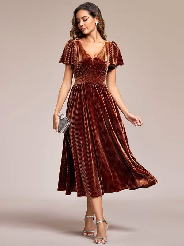 ever AZALEA|Graceful V-Neck Waist Design Short Sleeves Fall Velvet Midi Bridesmaid Dress