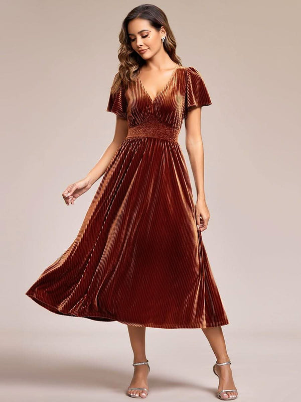 ever AZALEA|Graceful V-Neck Waist Design Short Sleeves Fall Velvet Midi Bridesmaid Dress