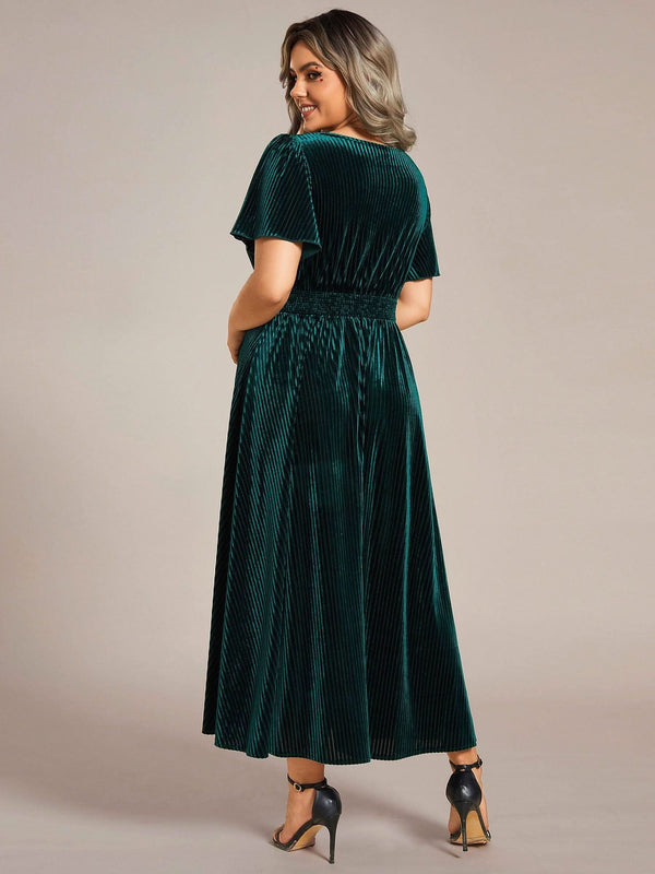 ever AZALEA|Graceful V-Neck Waist Design Short Sleeves Fall Velvet Midi Bridesmaid Dress