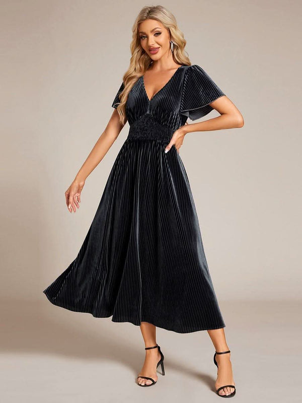 ever AZALEA|Graceful V-Neck Waist Design Short Sleeves Fall Velvet Midi Bridesmaid Dress