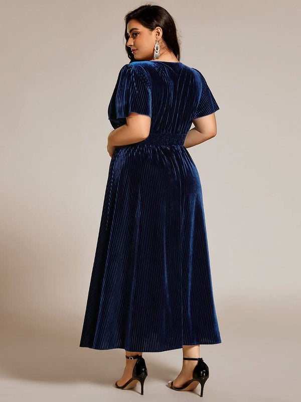 ever AZALEA|Graceful V-Neck Waist Design Short Sleeves Fall Velvet Midi Bridesmaid Dress