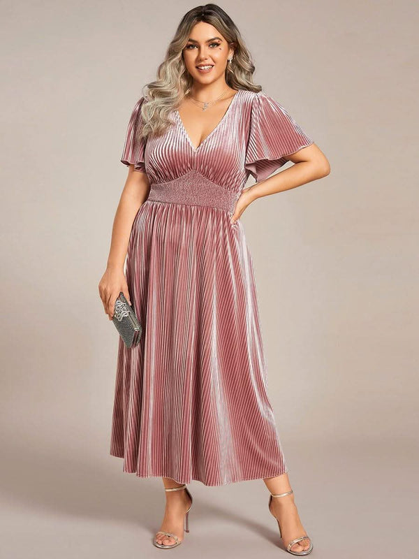 ever AZALEA|Graceful V-Neck Waist Design Short Sleeves Fall Velvet Midi Bridesmaid Dress