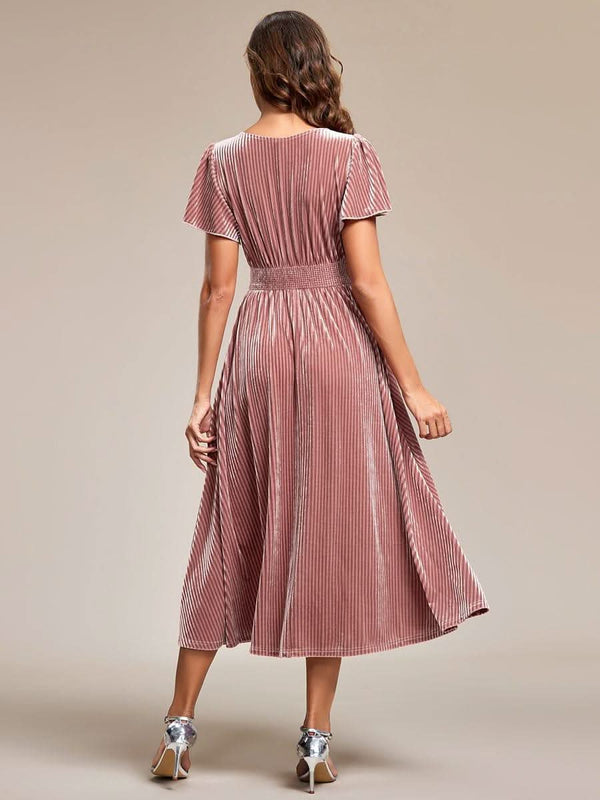 ever AZALEA|Graceful V-Neck Waist Design Short Sleeves Fall Velvet Midi Bridesmaid Dress