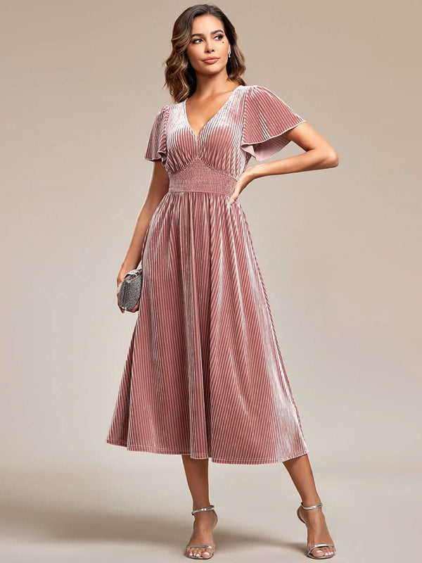 ever AZALEA|Graceful V-Neck Waist Design Short Sleeves Fall Velvet Midi Bridesmaid Dress