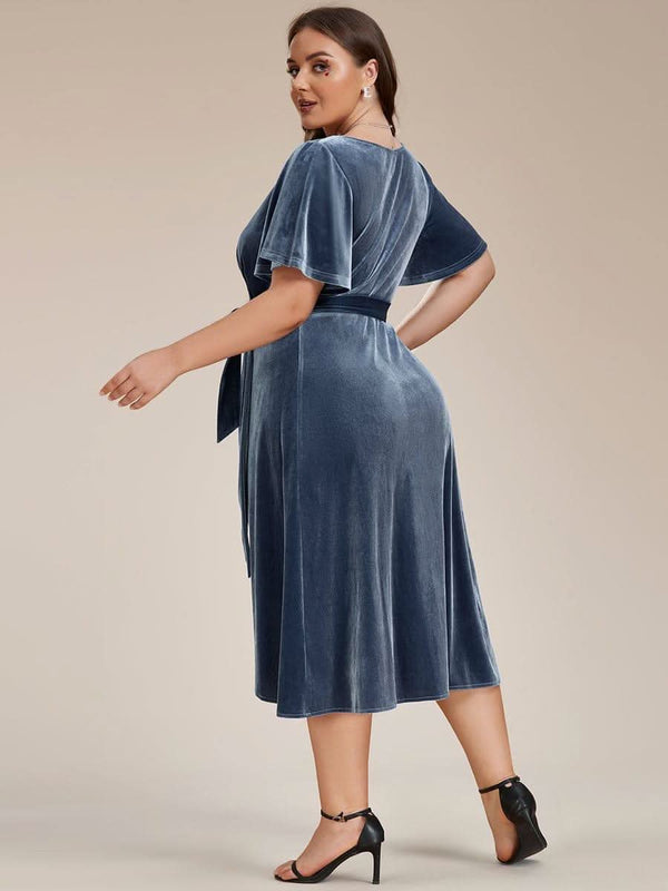 ever LENNA|One-Piece Type Short Sleeves V-Neck Velvet Midi Mother of the Bride Dress