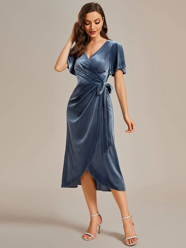 ever LENNA|One-Piece Type Short Sleeves V-Neck Velvet Midi Mother of the Bride Dress