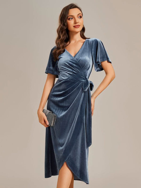 ever LENNA|One-Piece Type Short Sleeves V-Neck Velvet Midi Mother of the Bride Dress