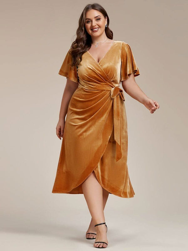 ever LENNA|One-Piece Type Short Sleeves V-Neck Velvet Midi Mother of the Bride Dress
