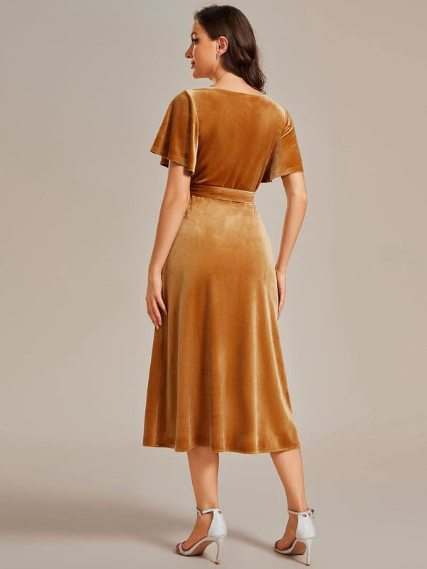 ever LENNA|One-Piece Type Short Sleeves V-Neck Velvet Midi Mother of the Bride Dress