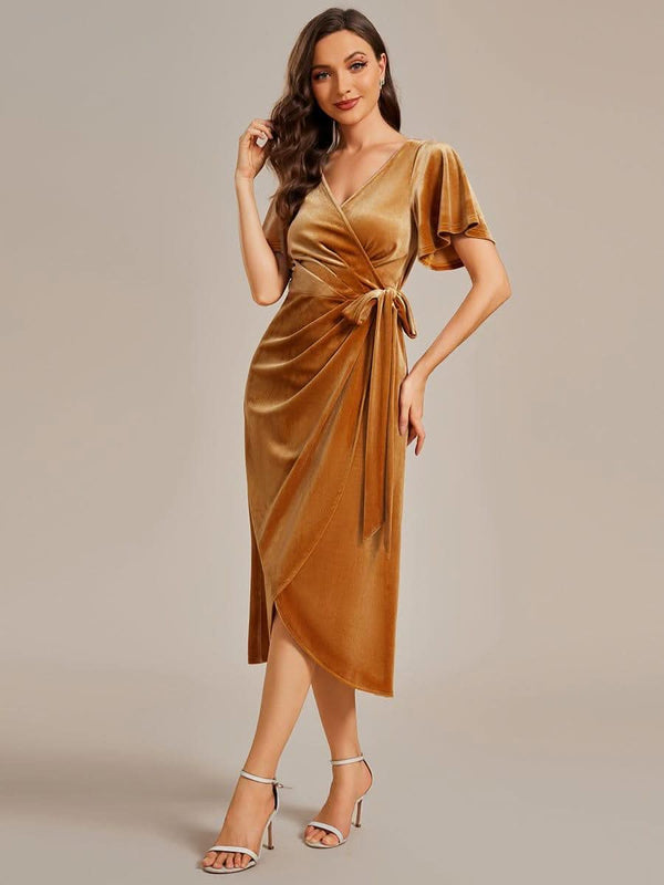 ever LENNA|One-Piece Type Short Sleeves V-Neck Velvet Midi Mother of the Bride Dress