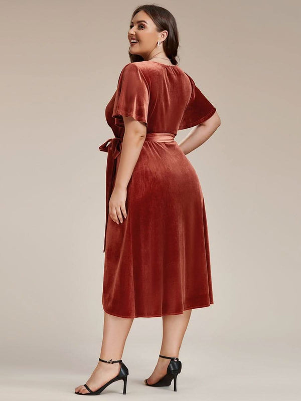 ever LENNA|One-Piece Type Short Sleeves V-Neck Velvet Midi Mother of the Bride Dress