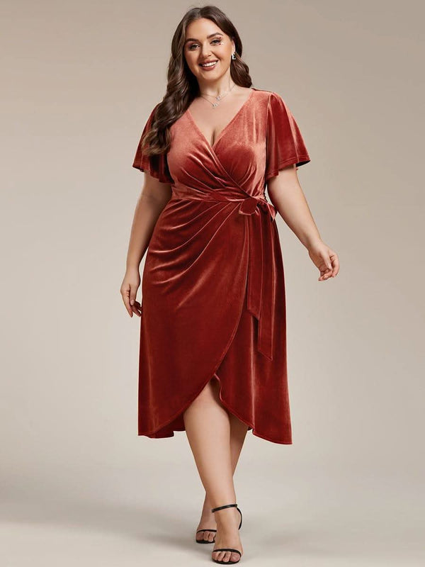 ever LENNA|One-Piece Type Short Sleeves V-Neck Velvet Midi Mother of the Bride Dress