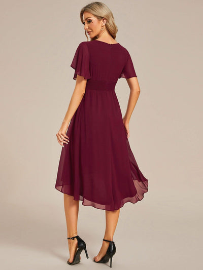 Flowy Chiffon Round Neckline A-Line Knee Length Bridesmaid Dress #color_Burgundy