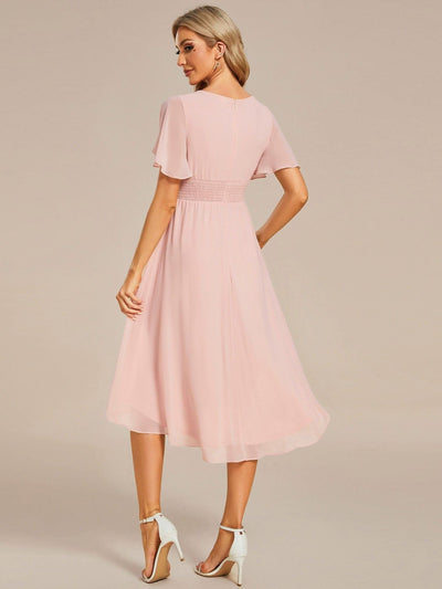 Flowy Chiffon Round Neckline A-Line Knee Length Bridesmaid Dress #color_Pink