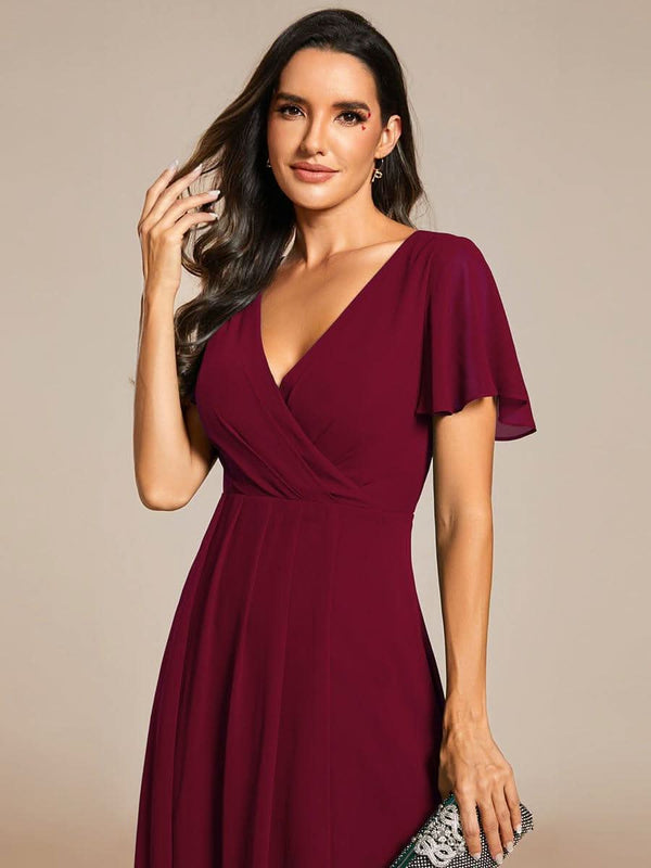 ever LARK|Pleated Chiffon Ruffles Sleeve Midi Bridesmaid Dress