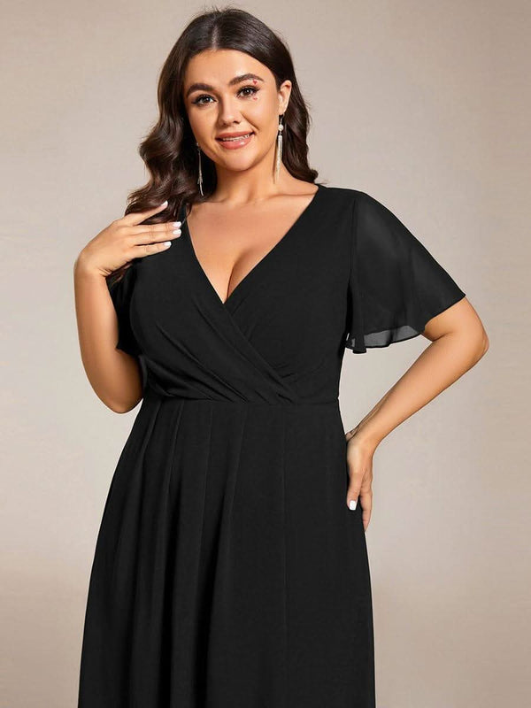 ever LARK|Pleated Chiffon Ruffles Sleeve Midi Evening Dress