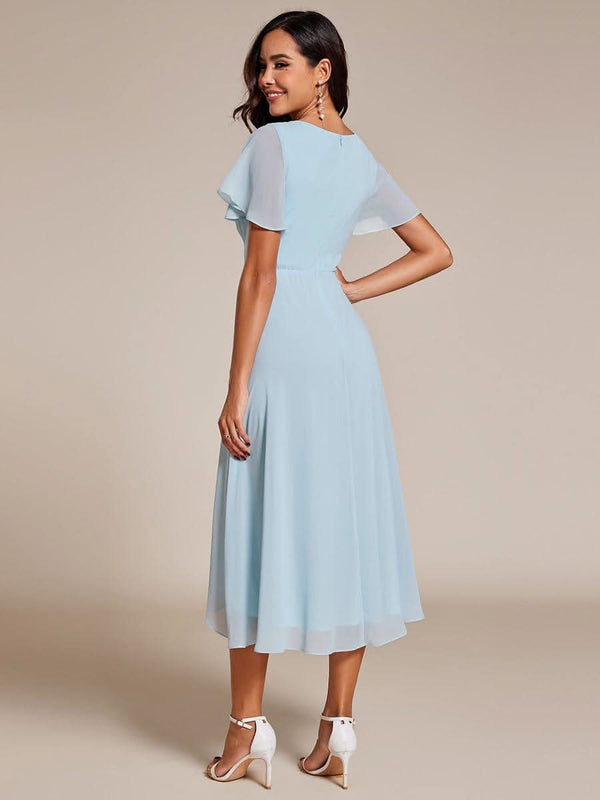 ever LARK|Pleated Chiffon Ruffles Sleeve Midi Bridesmaid Dress