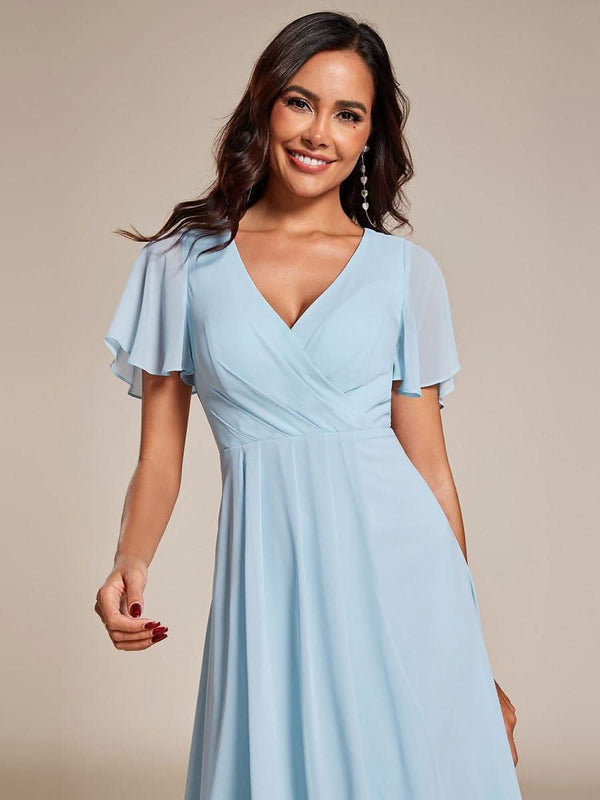 ever LARK|Pleated Chiffon Ruffles Sleeve Midi Bridesmaid Dress