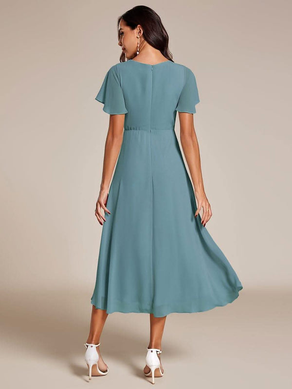 ever LARK|Pleated Chiffon Ruffles Sleeve Midi Bridesmaid Dress