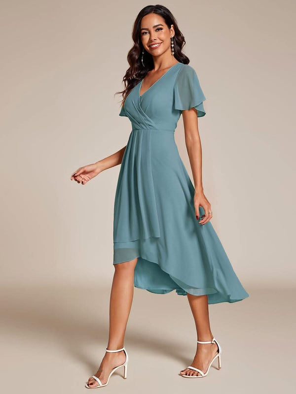 ever LARK|Pleated Chiffon Ruffles Sleeve Midi Bridesmaid Dress