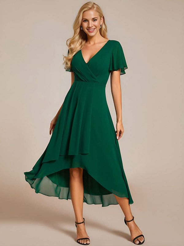 ever LARK|Pleated Chiffon Ruffles Sleeve Midi Bridesmaid Dress