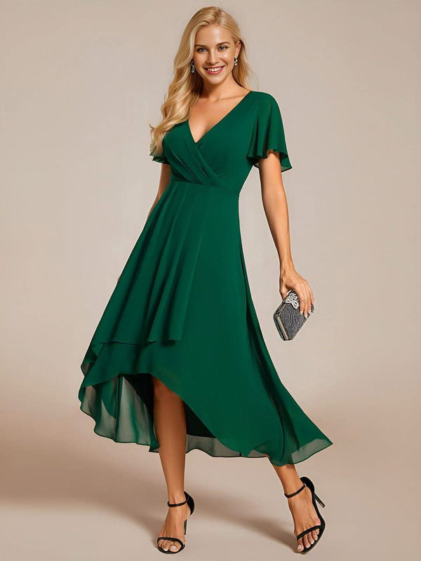 ever LARK|Pleated Chiffon Ruffles Sleeve Midi Bridesmaid Dress