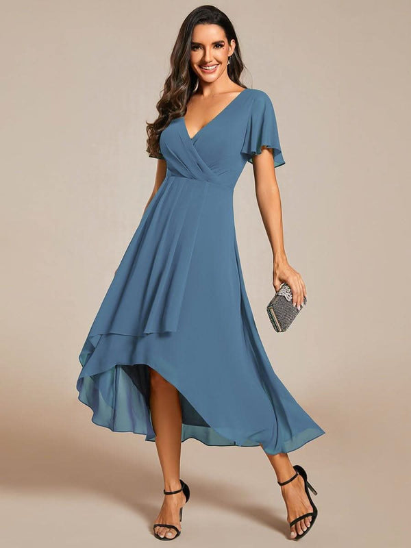 ever LARK|Pleated Chiffon Ruffles Sleeve Midi Evening Dress