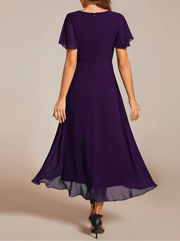 ever LARK|Pleated Chiffon Ruffles Sleeve Midi Bridesmaid Dress