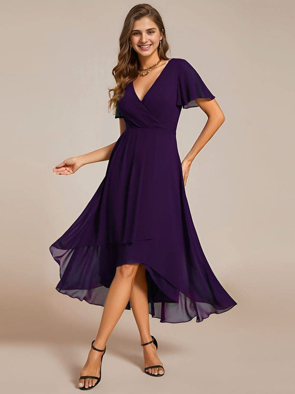 ever LARK|Pleated Chiffon Ruffles Sleeve Midi Evening Dress