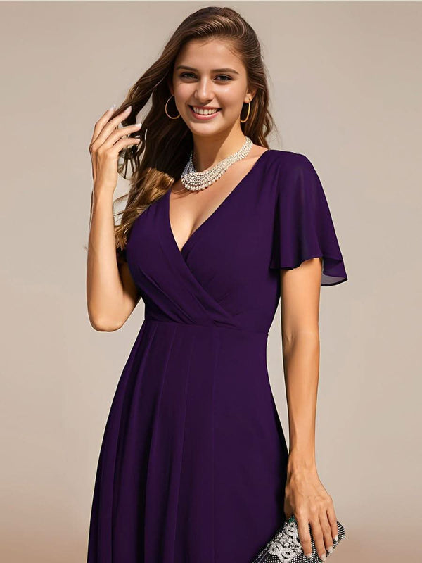 ever LARK|Pleated Chiffon Ruffles Sleeve Midi Bridesmaid Dress