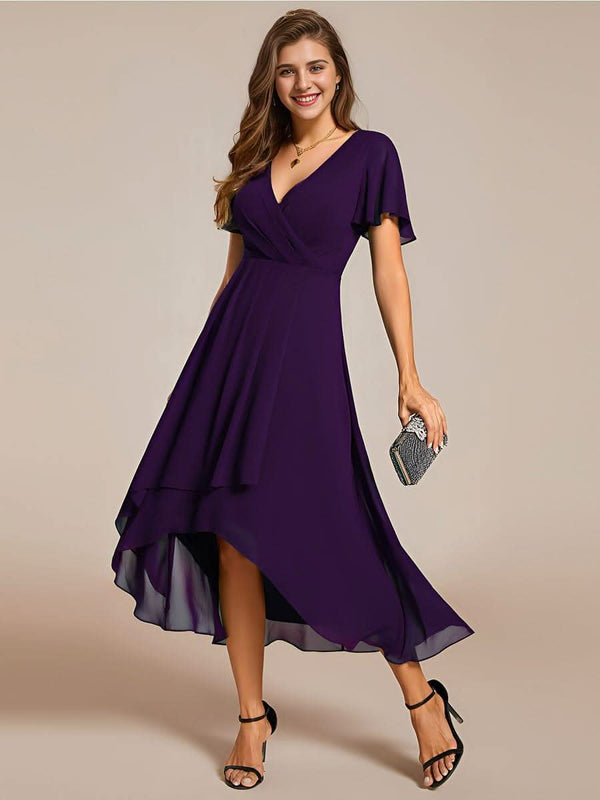 ever LARK|Pleated Chiffon Ruffles Sleeve Midi Bridesmaid Dress