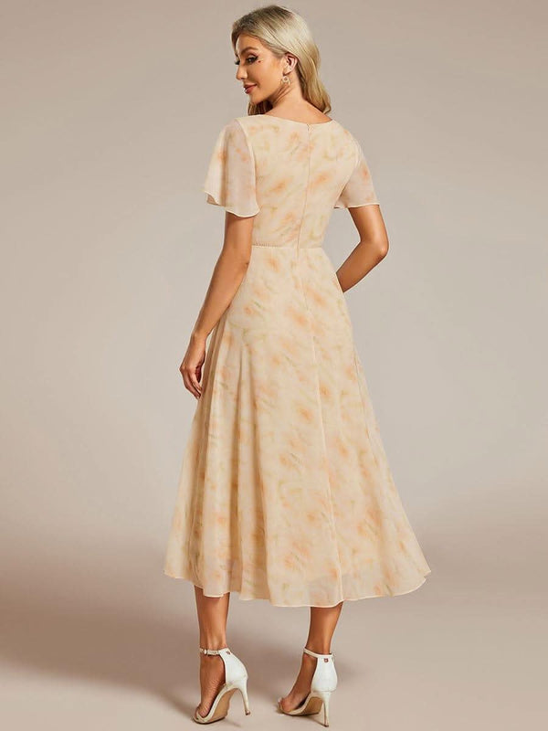 ever LARK|Pleated Chiffon Ruffles Sleeve Midi Evening Dress