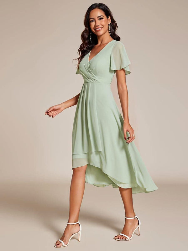 ever LARK|Pleated Chiffon Ruffles Sleeve Midi Bridesmaid Dress