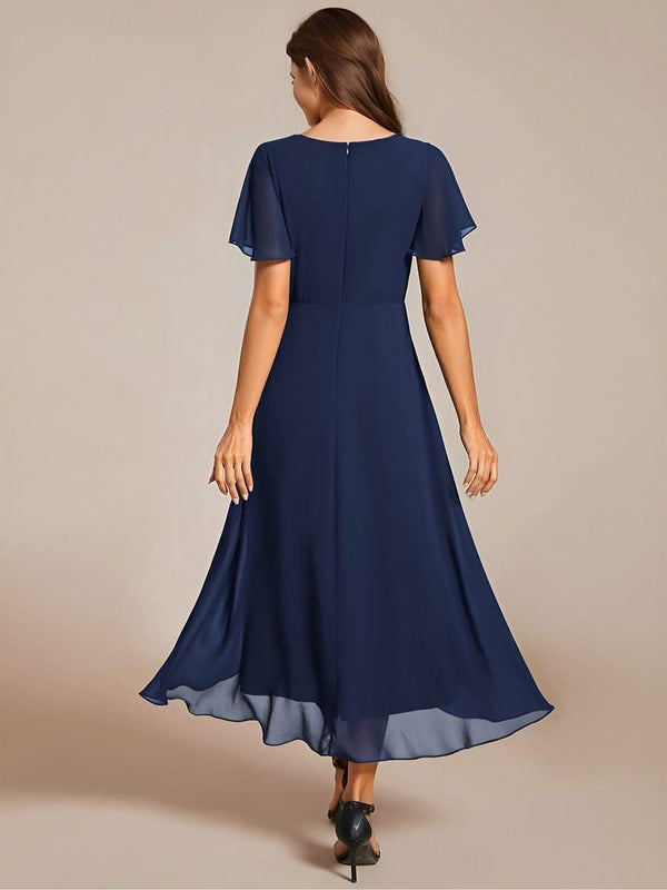 ever LARK|Pleated Chiffon Ruffles Sleeve Midi Bridesmaid Dress
